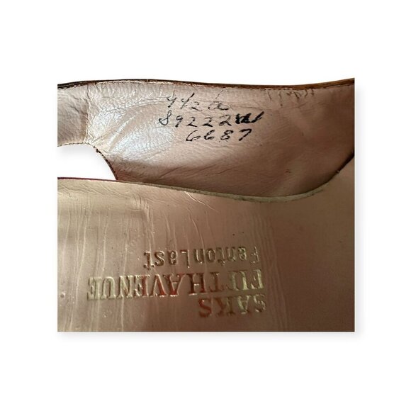 Vintage Saks Fifth Avenue Slingback Heels | Orange Pink Satin | Clear Vinyl Inse - Picture 14 of 14